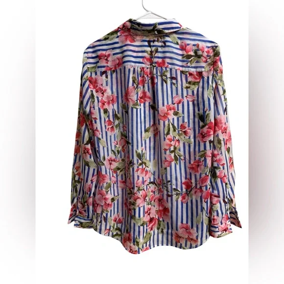 Talbots Sheer Floral Stripe Blouse Medium Button Front Lightweight Top - Picture 2 of 4